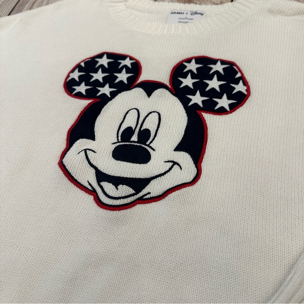 Old Navy Disney White Sweater Large Mickey Mouse Preppy Chunky Knit Americana - Picture 2 of 7